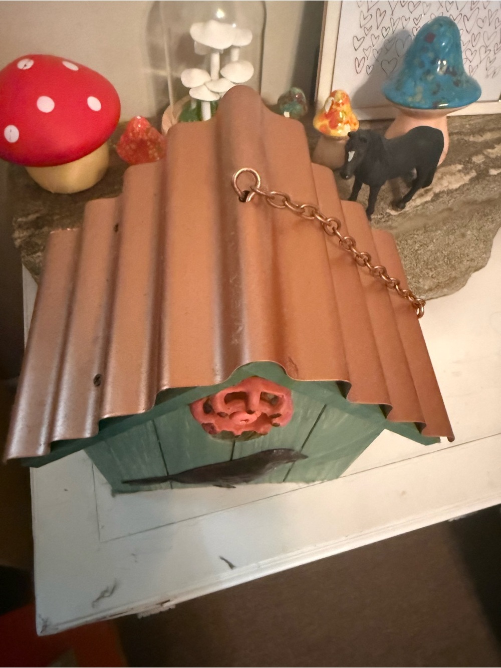 Green Wooden Birdhouse with Copper Roof Accent - Picture 2 of 4